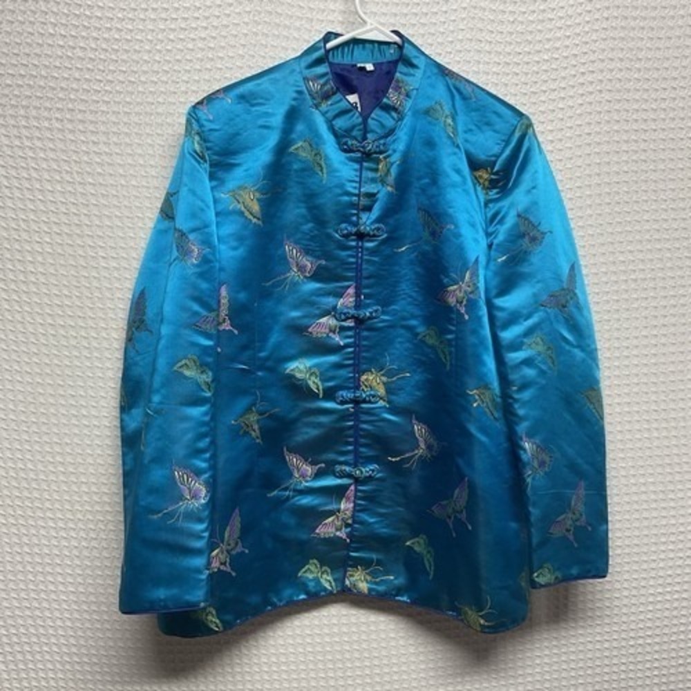 Vintage Asian Sateen Jacket Cheongsam Blue Butterfly Embroidery Women 40 (3XL) - Picture 6 of 7